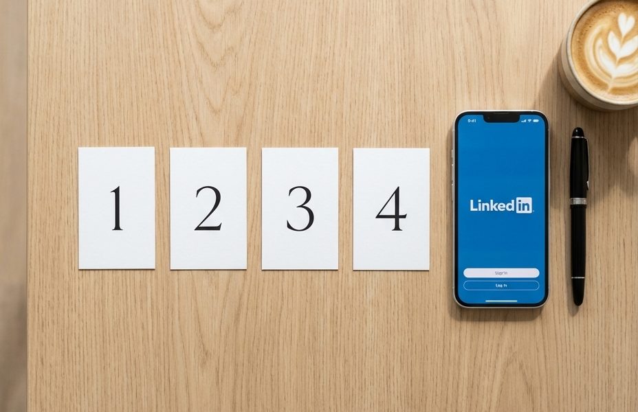 Bureau moderne avec ordinateur portable affichant LinkedIn, smartphone avec le logo LinkedIn et tasse de café sur marbre blanc