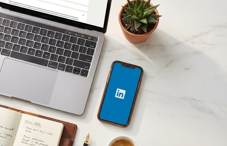 Bureau exécutif avec ordinateur portable et smartphone affichant LinkedIn pour la collaboration avec un ghostwriter